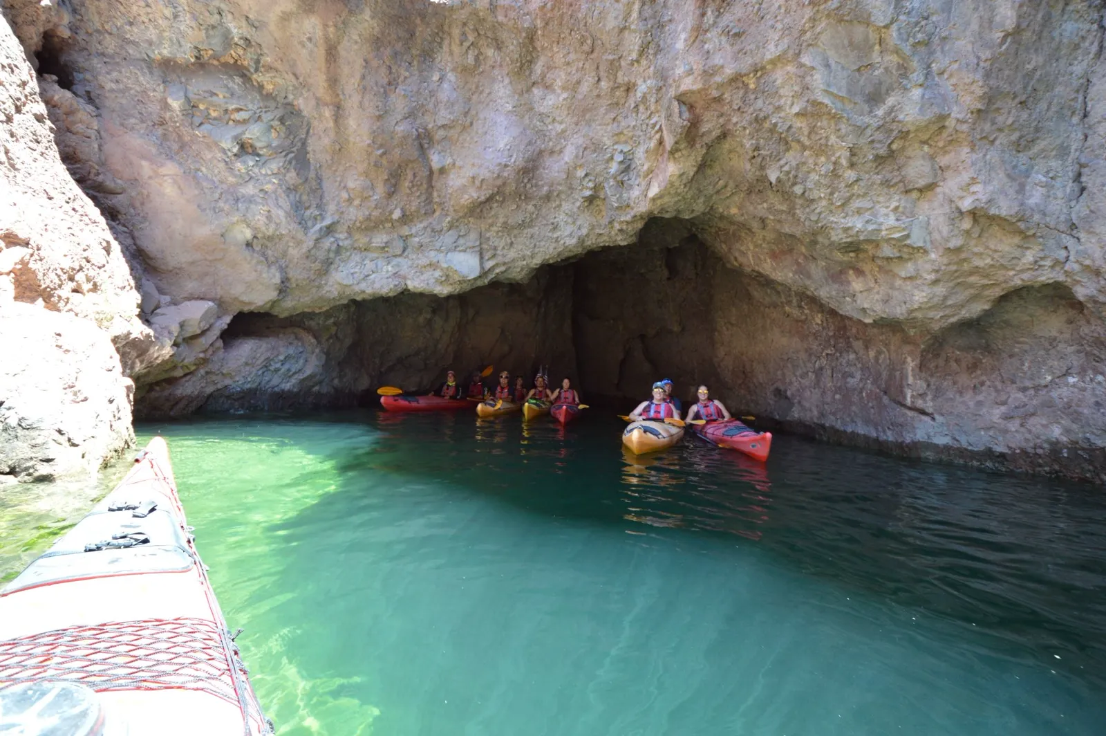 A guided kayak group inside Emerald Cave on the Colorado River near Las Vegas.