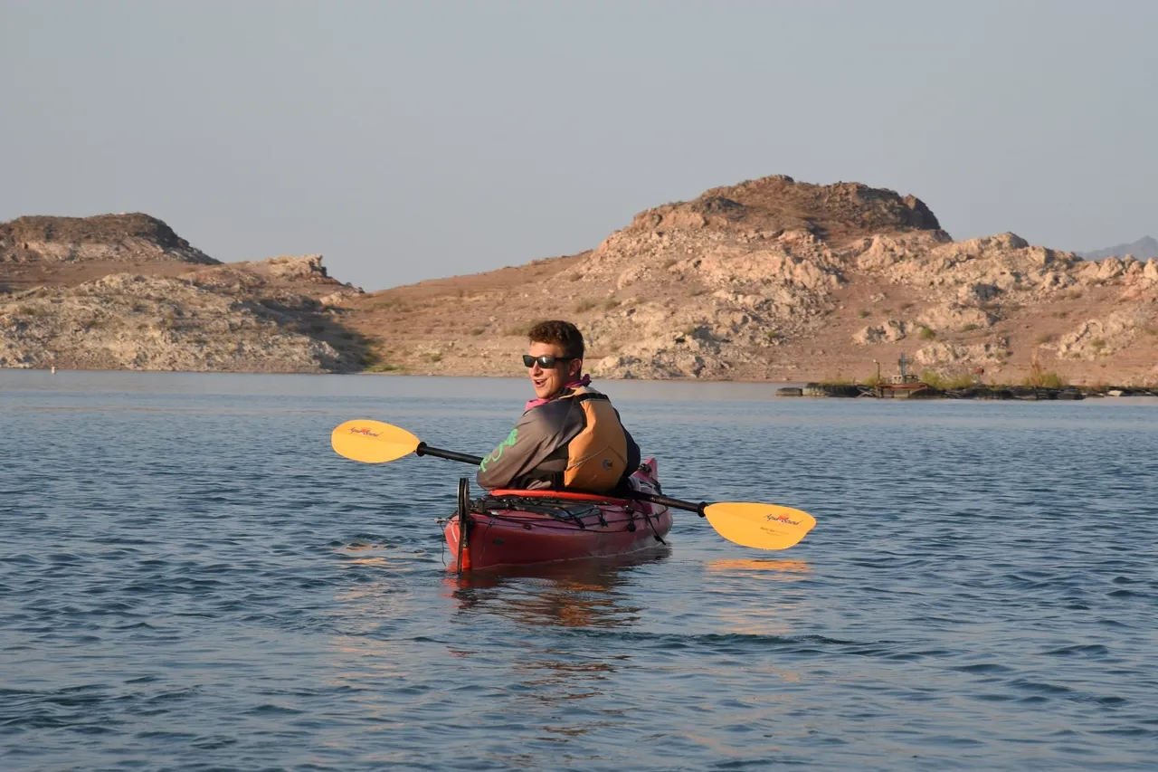 A kayaker on the Sunset Paddle tour near Las Vegas.