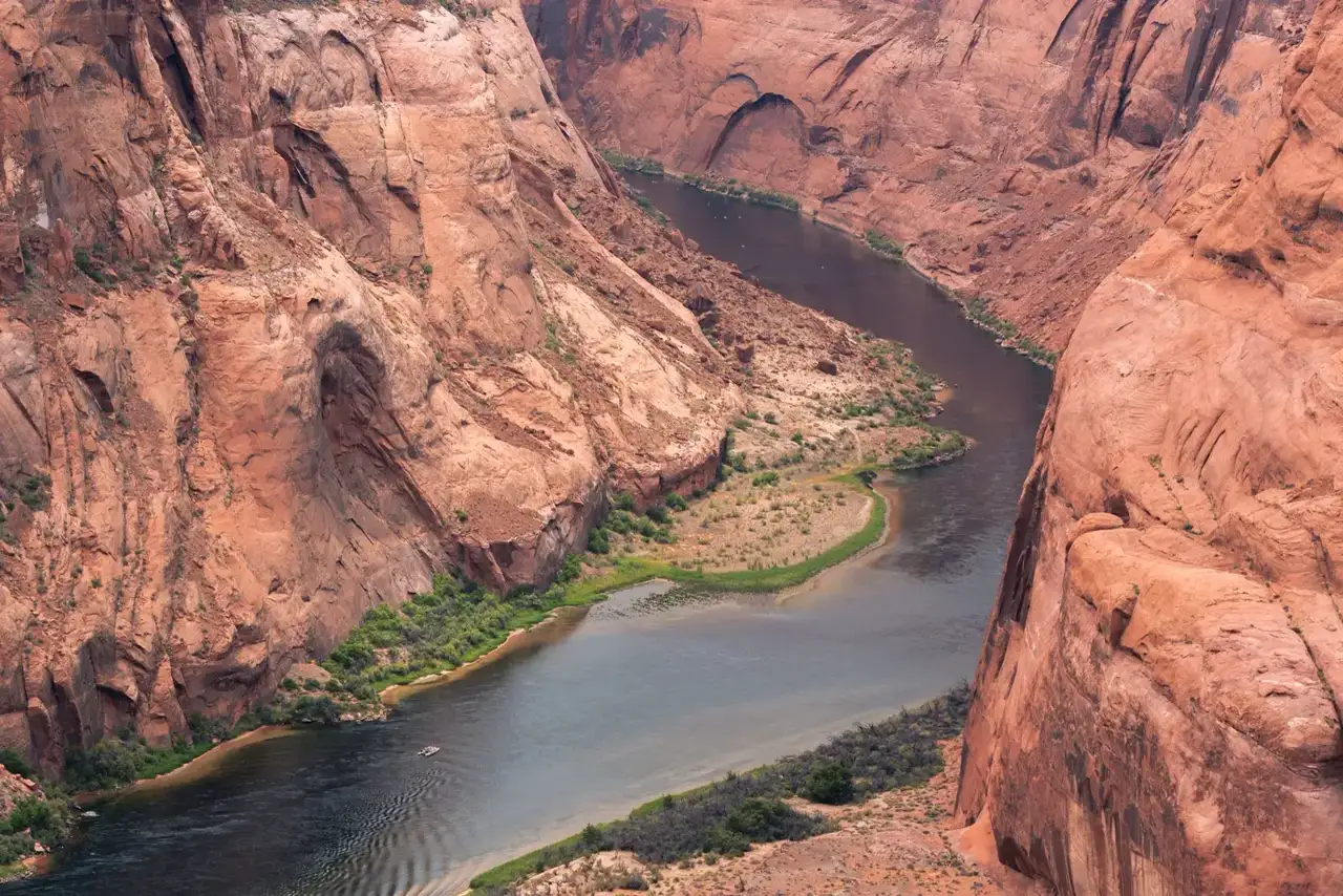 Aerial view of the Colorado River winding through Horseshoe Bend in Arizona