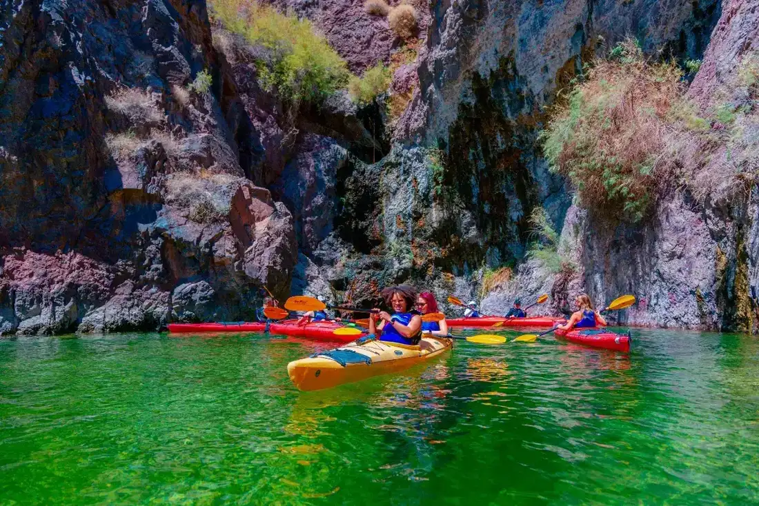 Guided kayakers paddling on the Colorado River near Las Vegas
