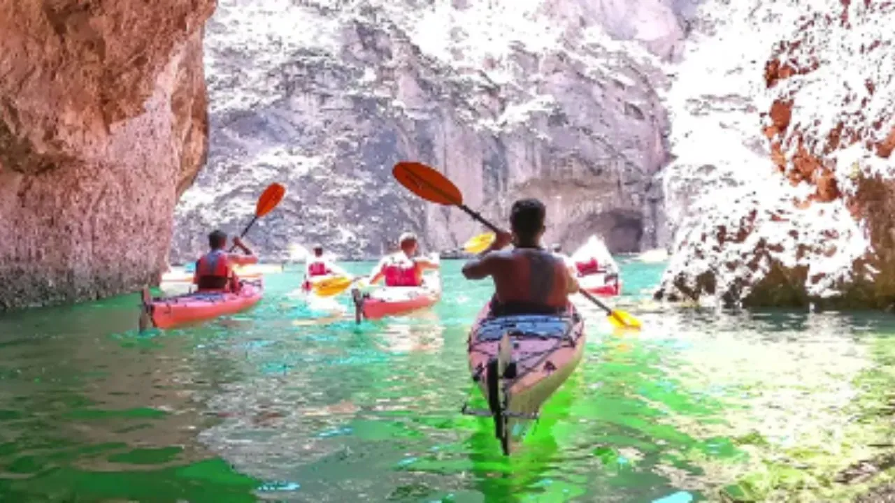 Kayakers exploring the Colorado River canyon near Las Vegas