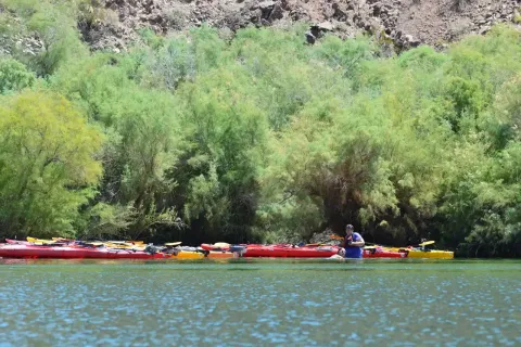 Kayaks resting on shore during an Emerald Cave tour stop