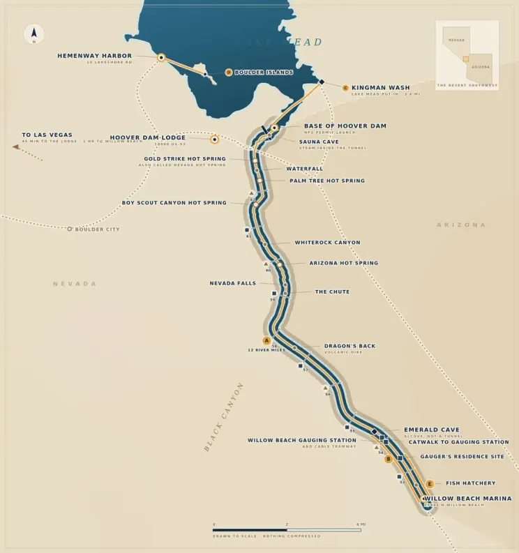 Map of Evolution Expeditions' five kayak tour routes across Black Canyon, Willow Beach, and Lake Mead near Las Vegas