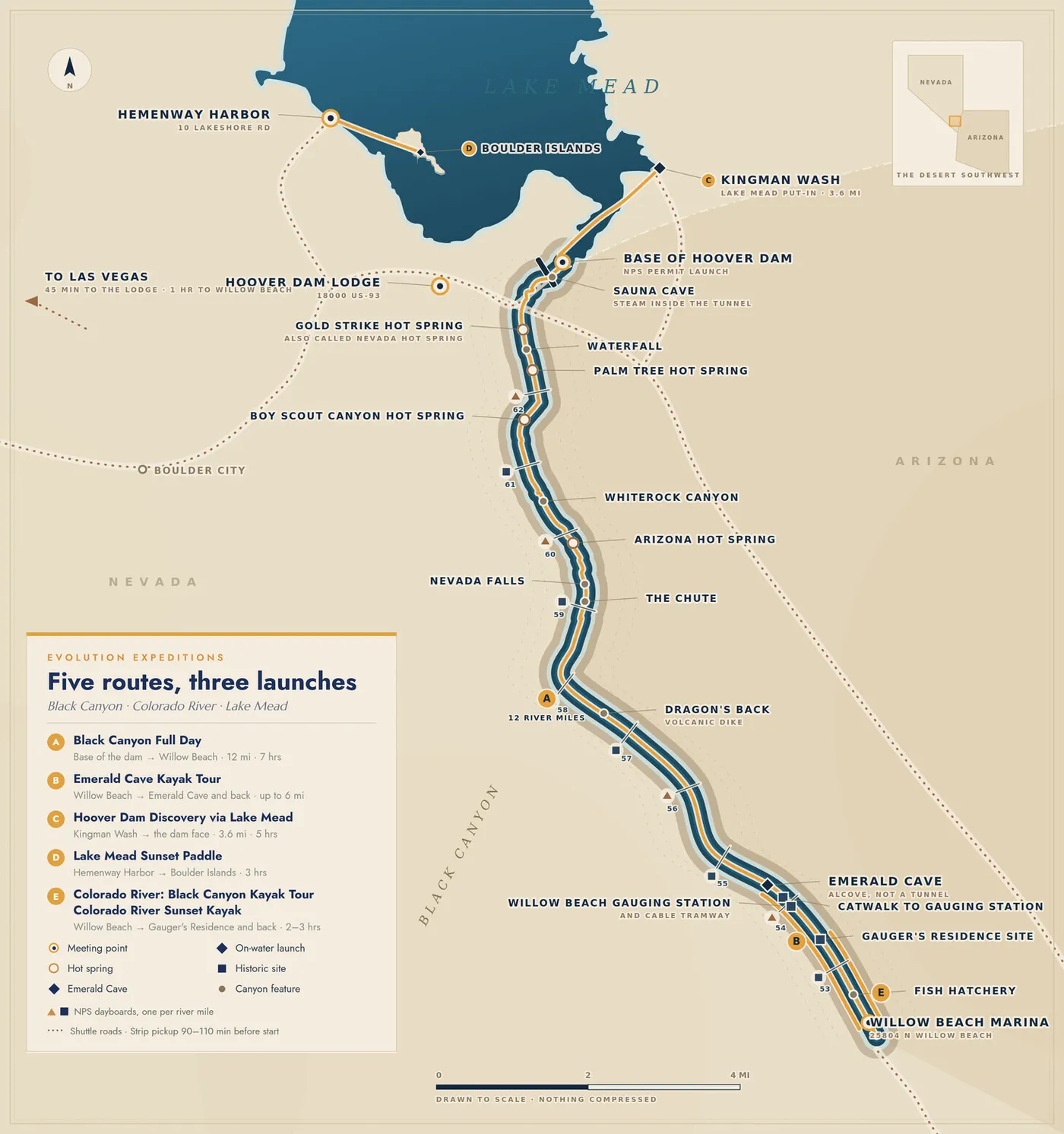 Map of Evolution Expeditions' five kayak tour routes across Black Canyon, Willow Beach, and Lake Mead near Las Vegas