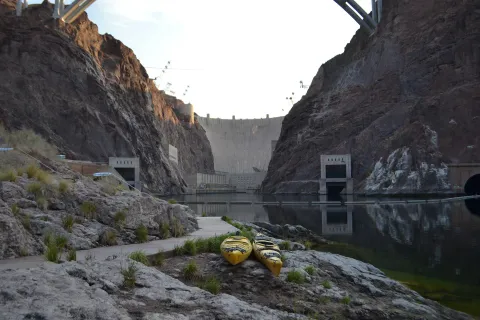 Hoover Dam viewed from the base of Black Canyon