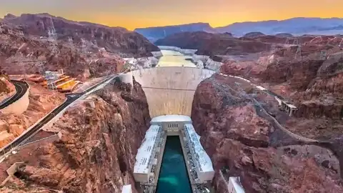 Aerial view of Hoover Dam at sunset