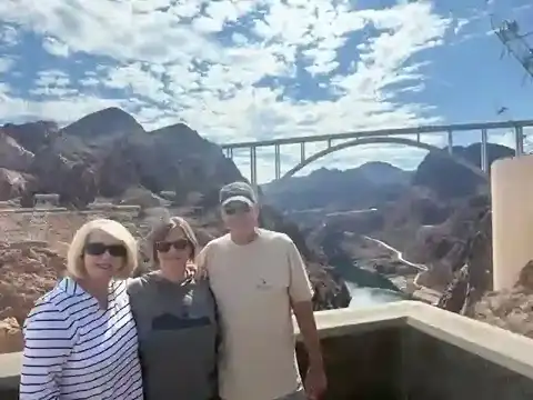 Guests on the Hoover Dam bypass bridge with the Colorado River below