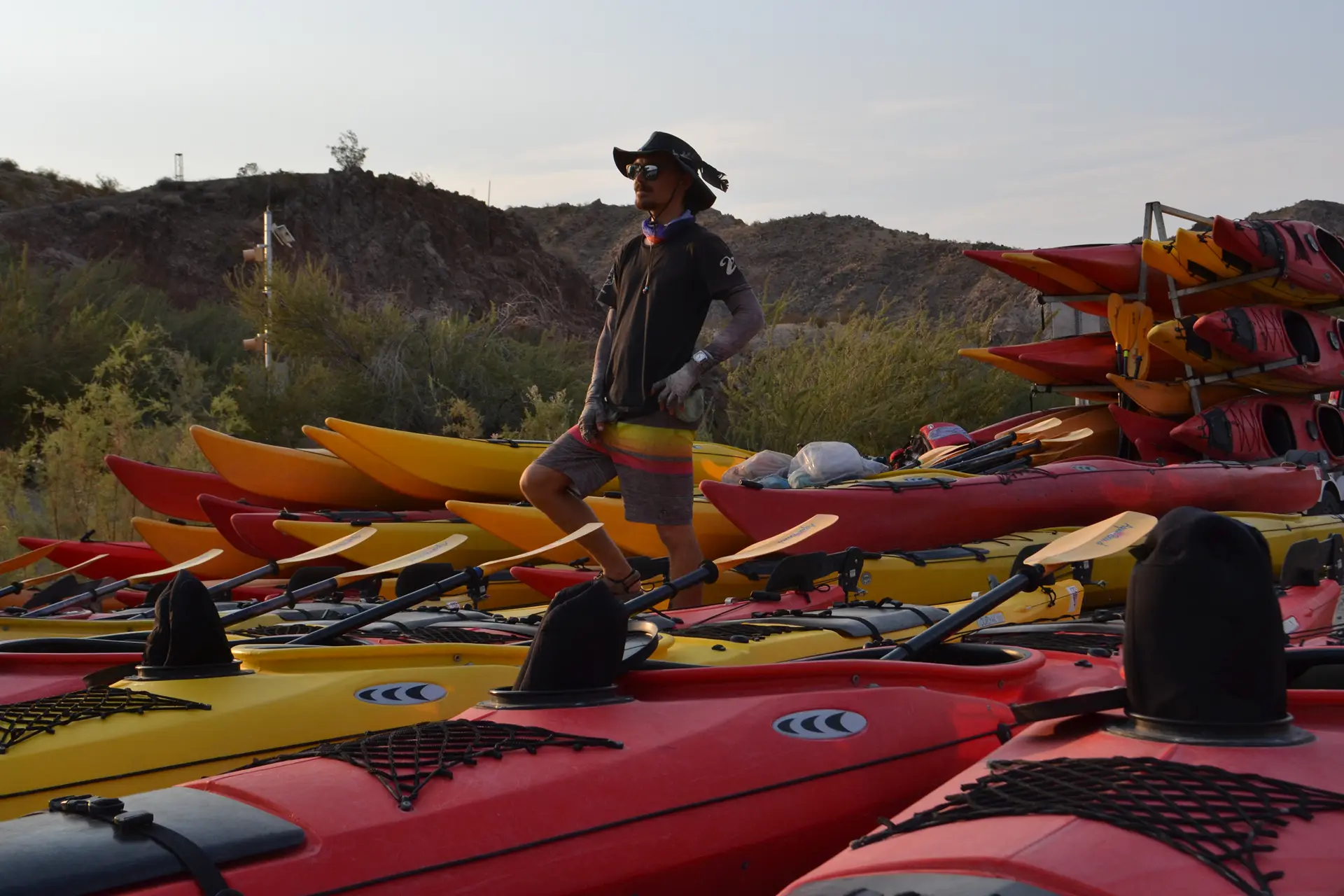 A fleet of kayaks ready for a day on the water