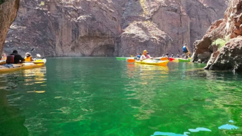 Colorado River paddle to Emerald Cave from Willow Beach during a kayak tour near Las Vegas. 