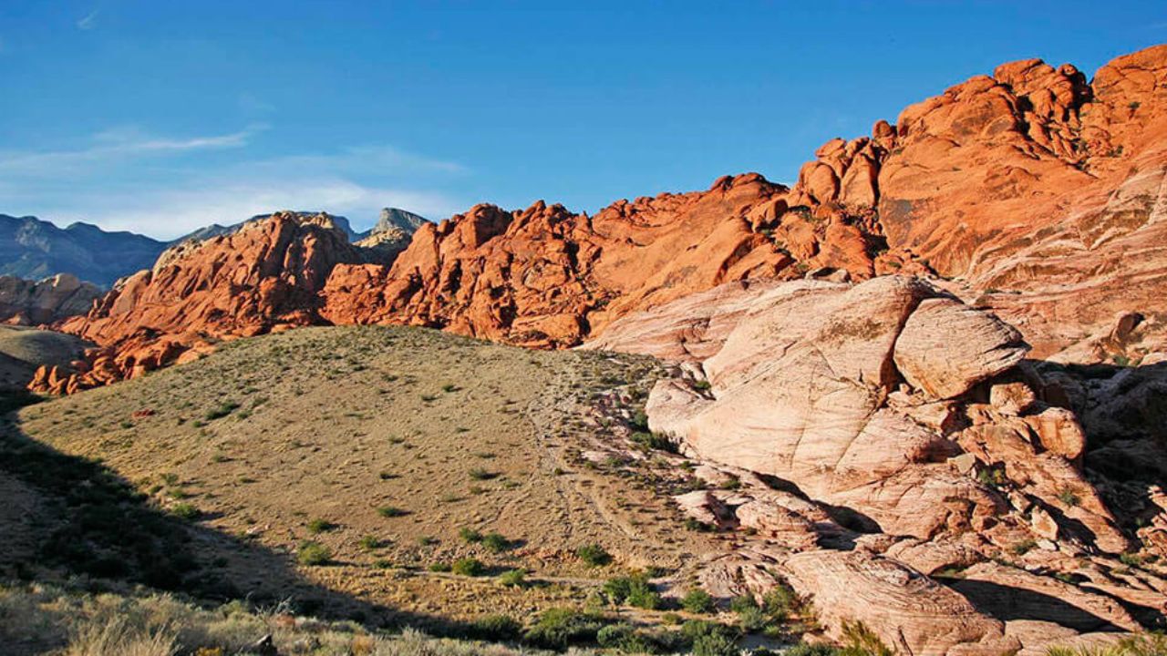 : Layered red sandstone cliffs of Red Rock Canyon National Conservation Area