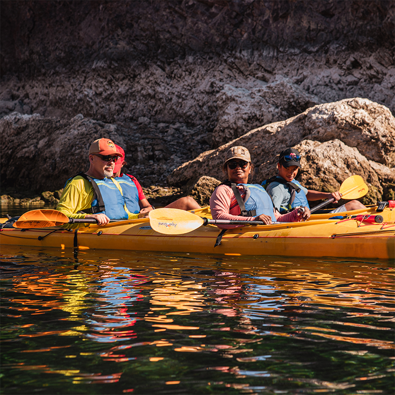 Several kayakers paddling in calm waters during a guided tour by Evolution Expeditions.