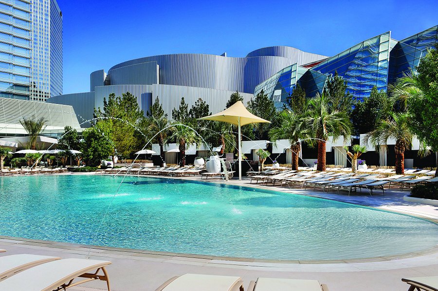 The ARIA pool with its water fountains and palm trees.