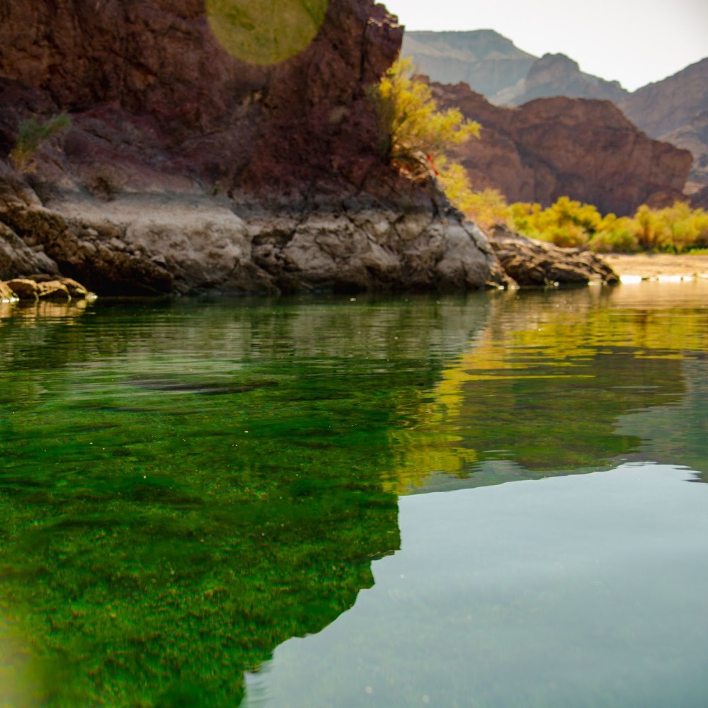 Clear green river with rocky cliffs and vegetation under bright sunlight.