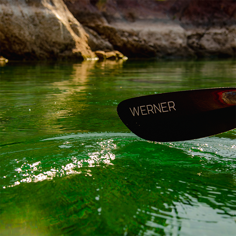 Paddle with 'Werner' label dipping into clear green water near rocky shore.