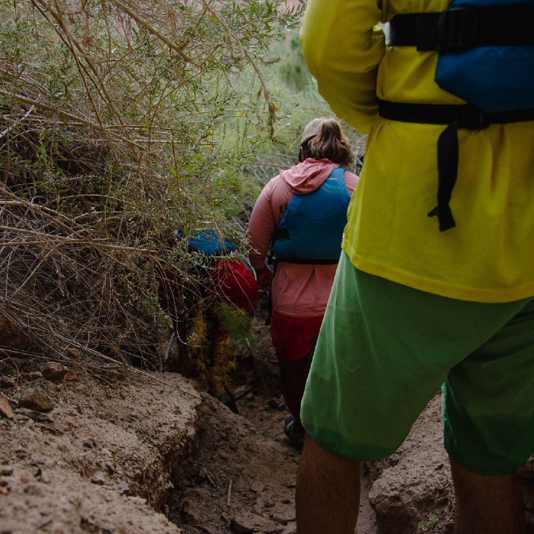 People wearing life vests walking through a narrow, rocky path surrounded by bushes.