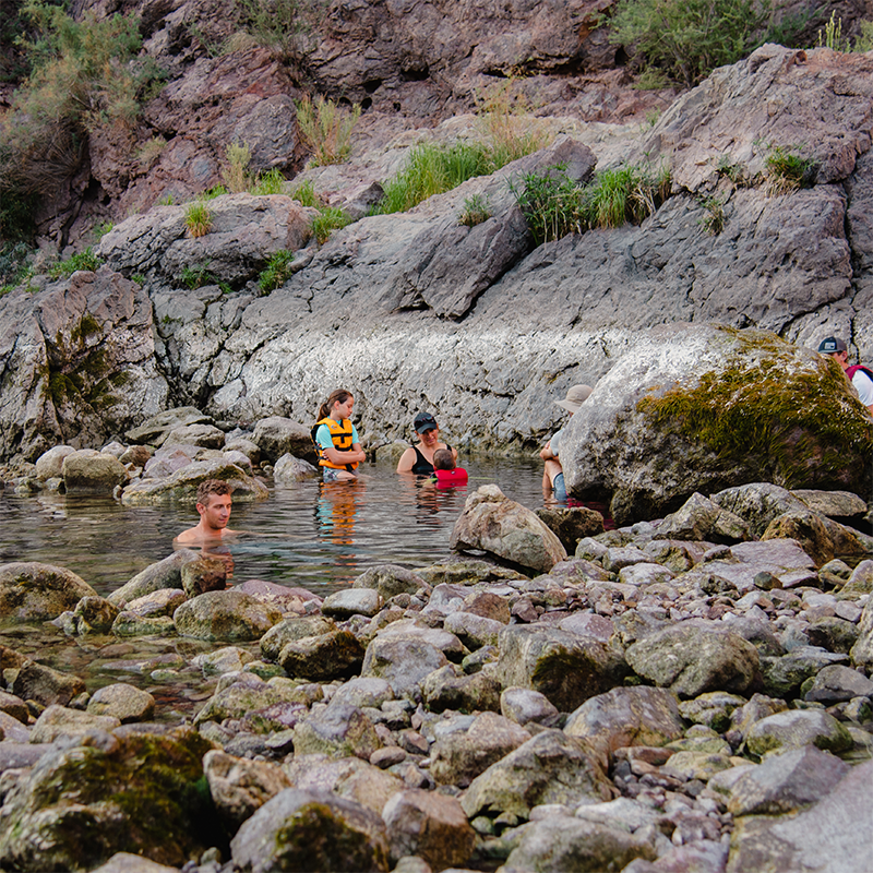 People swimming in rocky natural pool with lush greenery on cliffside.
