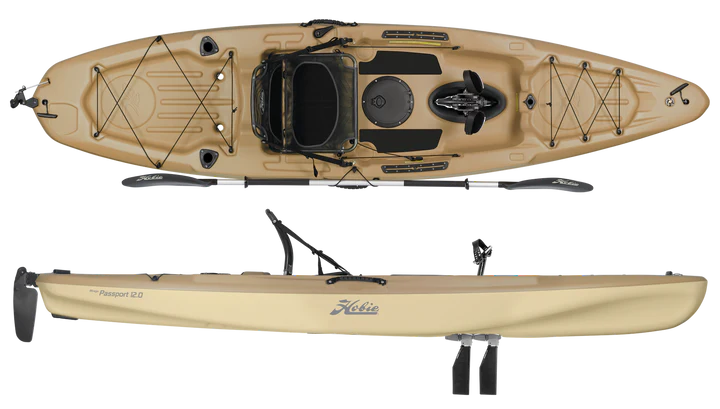Top and side views of a tan fishing kayak with pedals and storage areas.