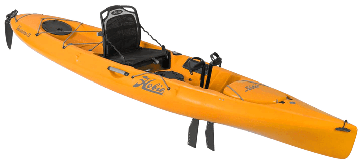 Orange kayak with seat, pedal system, and paddles on white background.