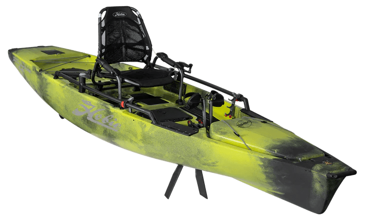 Green and black fishing kayak with a high-back seat and pedal system.