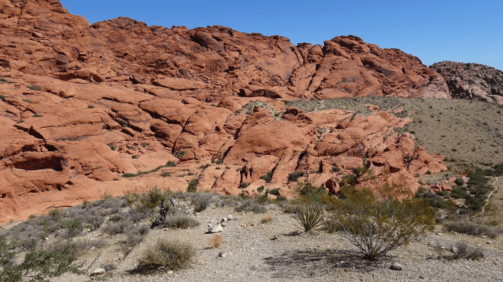 Red rock formations in a desert landscape under a clear blue sky.